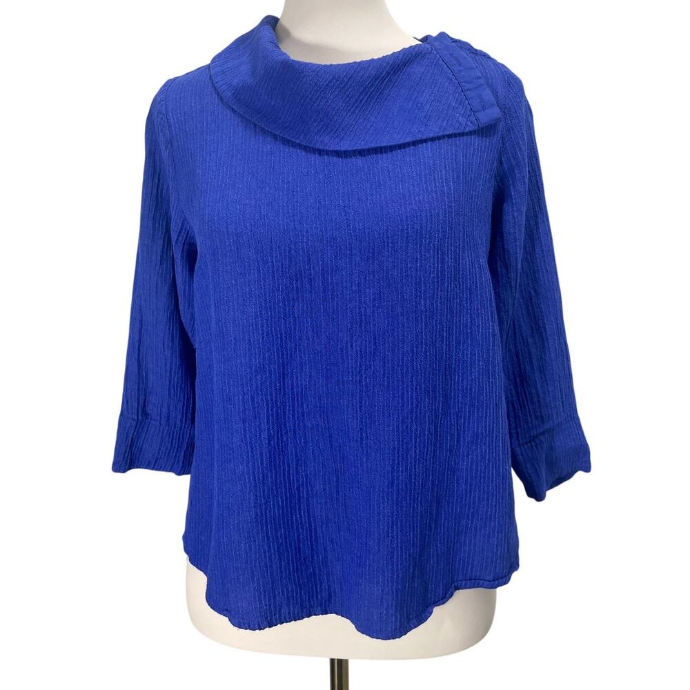Soft Surroundings Cowl Neck Crinkle Tunic Top Cerulean Blue 3/4 Sleeve Size PS